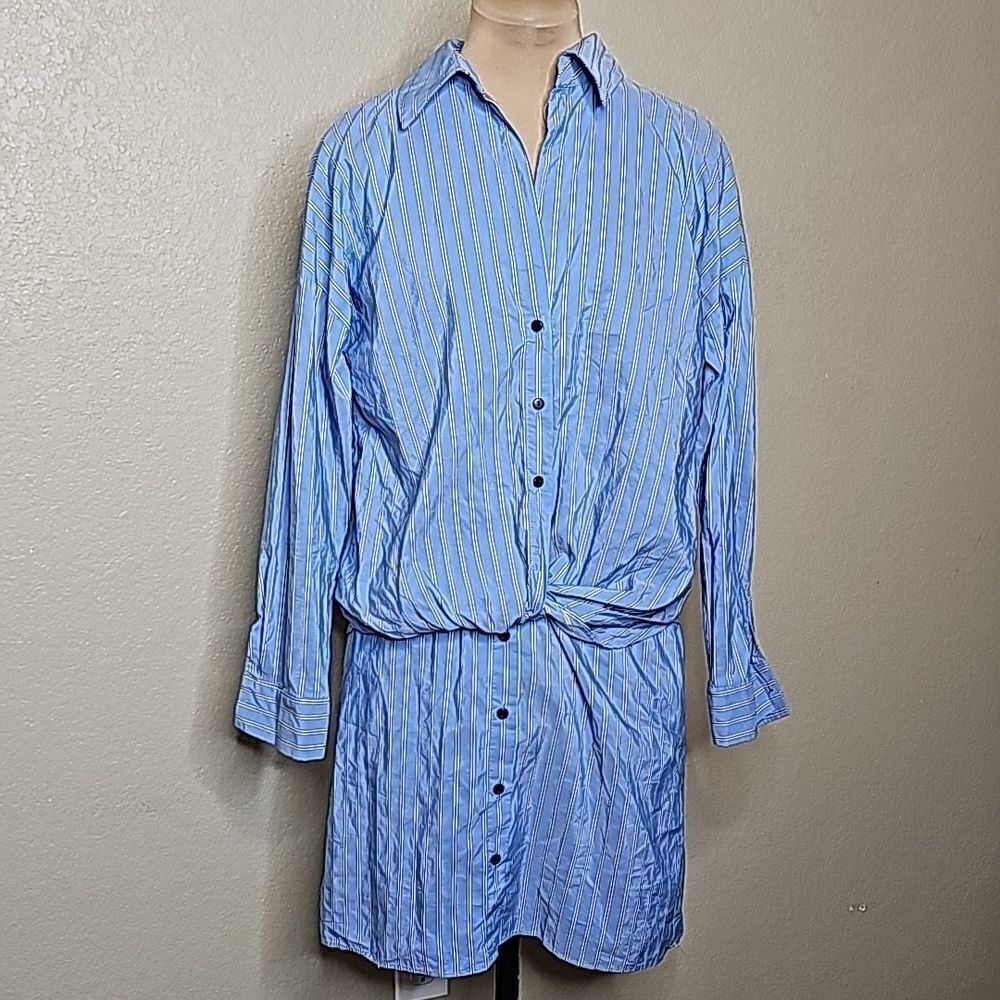 Zara Small Shirt Dress Button Front Blue Stripe Twist Front Long sleeve - Picture 3 of 11